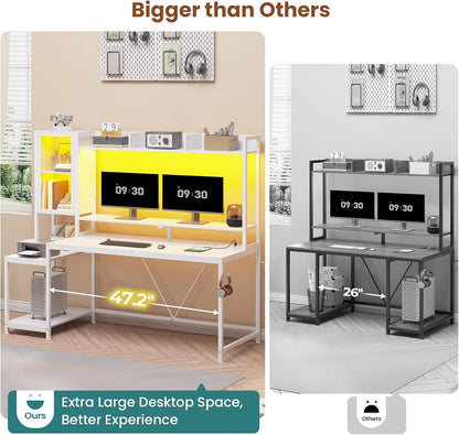 60'' Gaming Desk with Hutch and LED Lights, Computer Desk with Storage Shelves