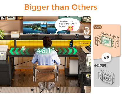 Reversible L Shaped Computer Desk Gaming Desk w/ Power Outlet & LED Strip,Black