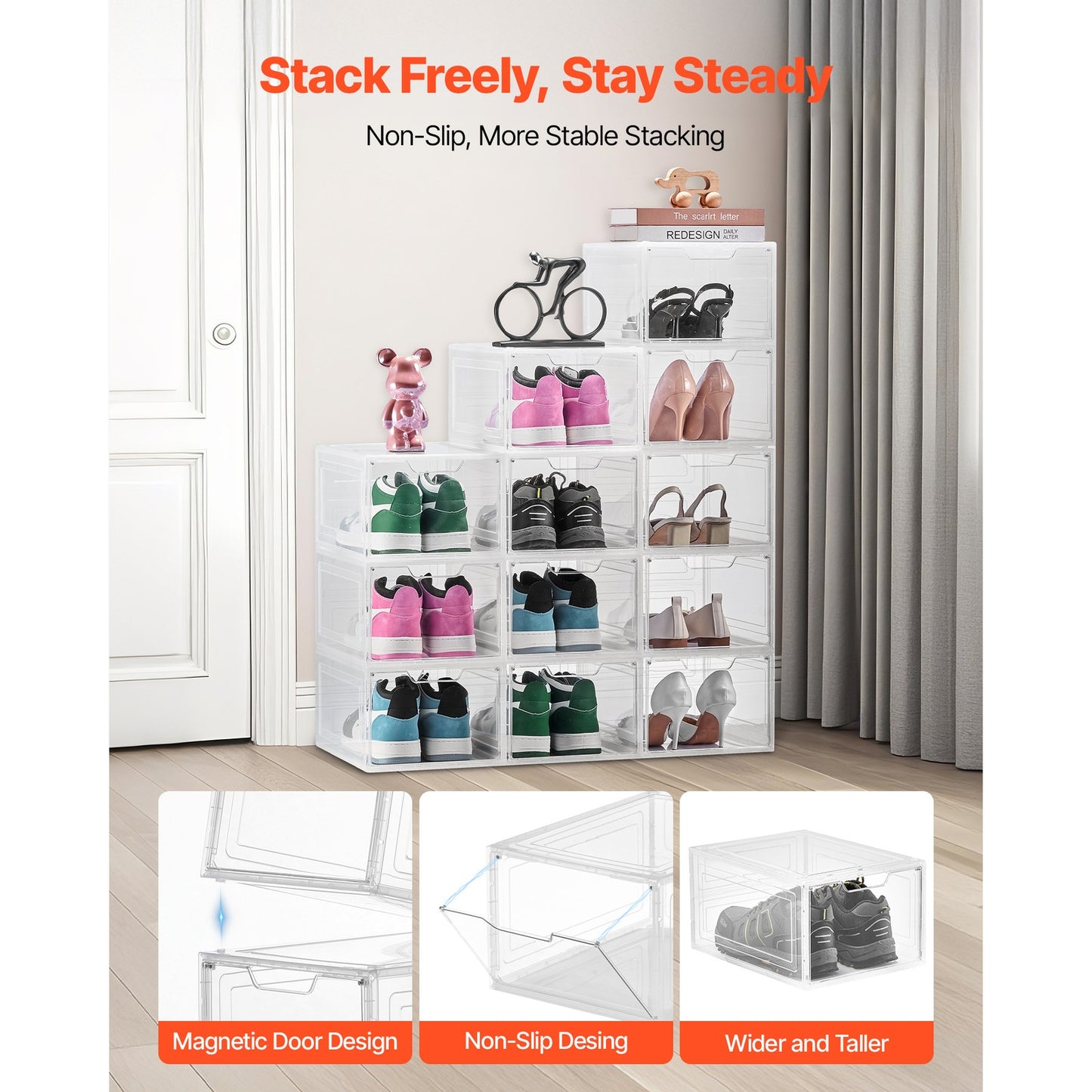 Shoe Storage Boxes 12Pack Stackable Shoe Boxes US Size 13 Transparent White