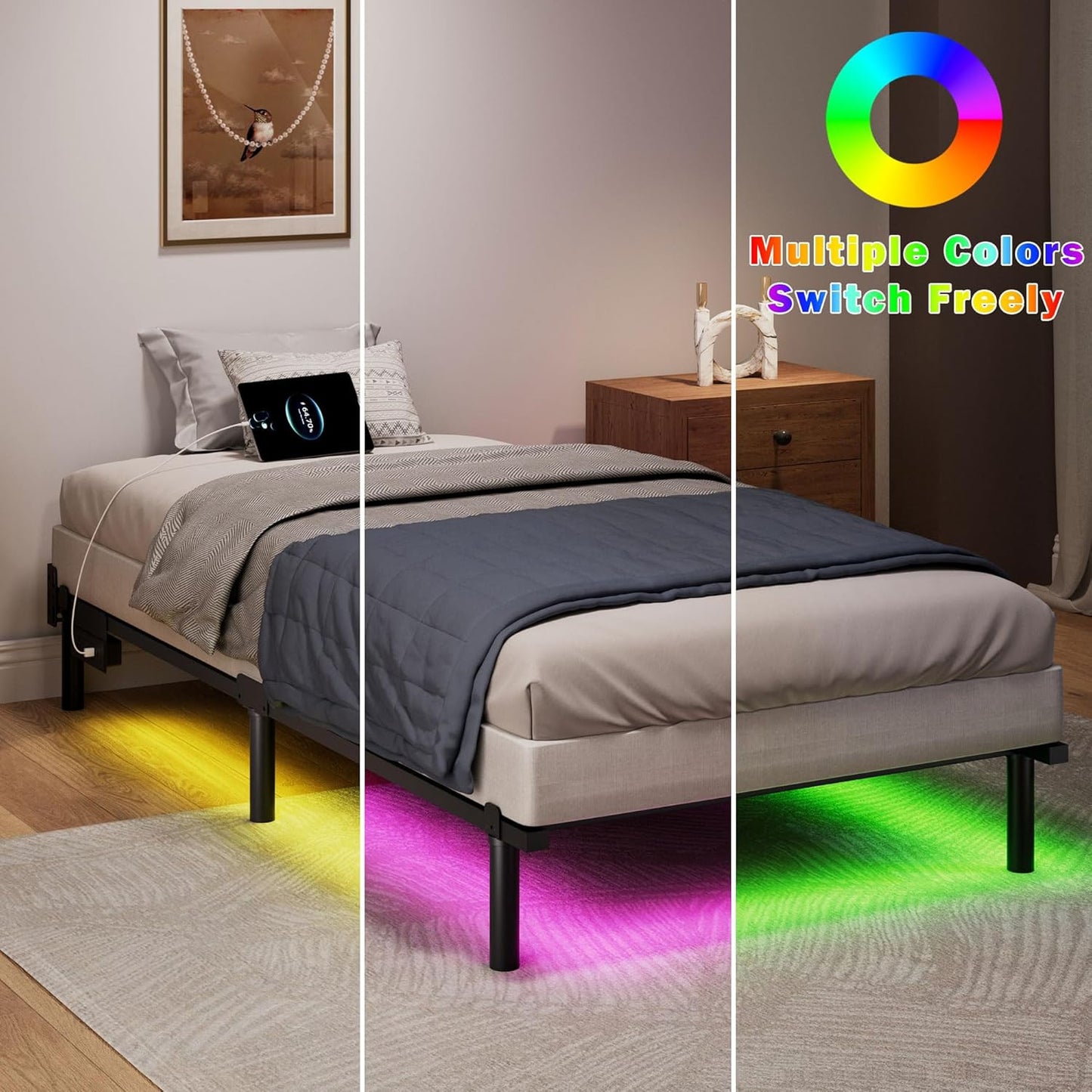 Twin Full Queen Bed Frame with LED Lights Charging Station Metal Platform Sturdy