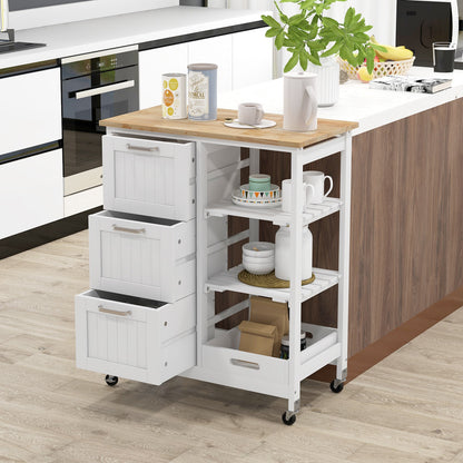 Kitchen Island Cart Mobile Storage Organizer w/ 3 Large Drawers 2 Open Shelves