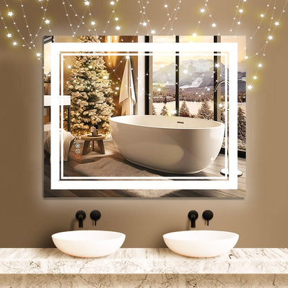 40”x 32” LED Bathroom Mirror, Wall Vanity Mirror, 3 Colors Touch , Anti-Fog