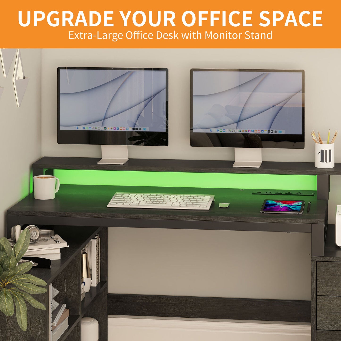 65 in L Shaped Computer Desk with File Drawer Desk w/ Power Outlets & LED Lights