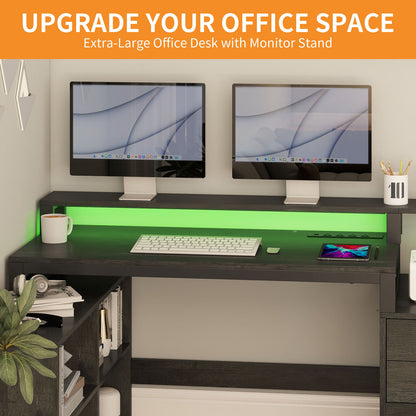 65 in L Shaped Computer Desk with File Drawer Desk w/ Power Outlets & LED Lights