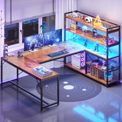 L Shaped Computer Desk, 63" Reversible Office Desk w/Storage Shelves &LED Lights