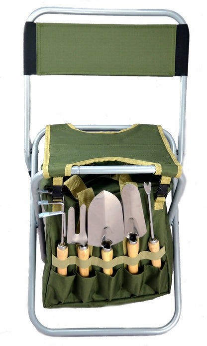 10-piece Gardening Tool Set with Zippered Detachable Tote and Folding Stool Seat