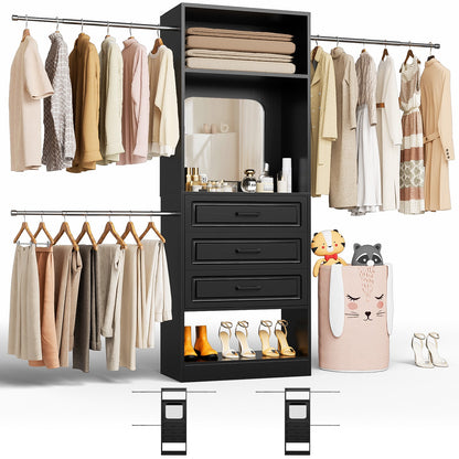 48''-96'' Walk-in Closet Organizer System with Mirror ＆ Drawers ＆ 3 Hanging Rods