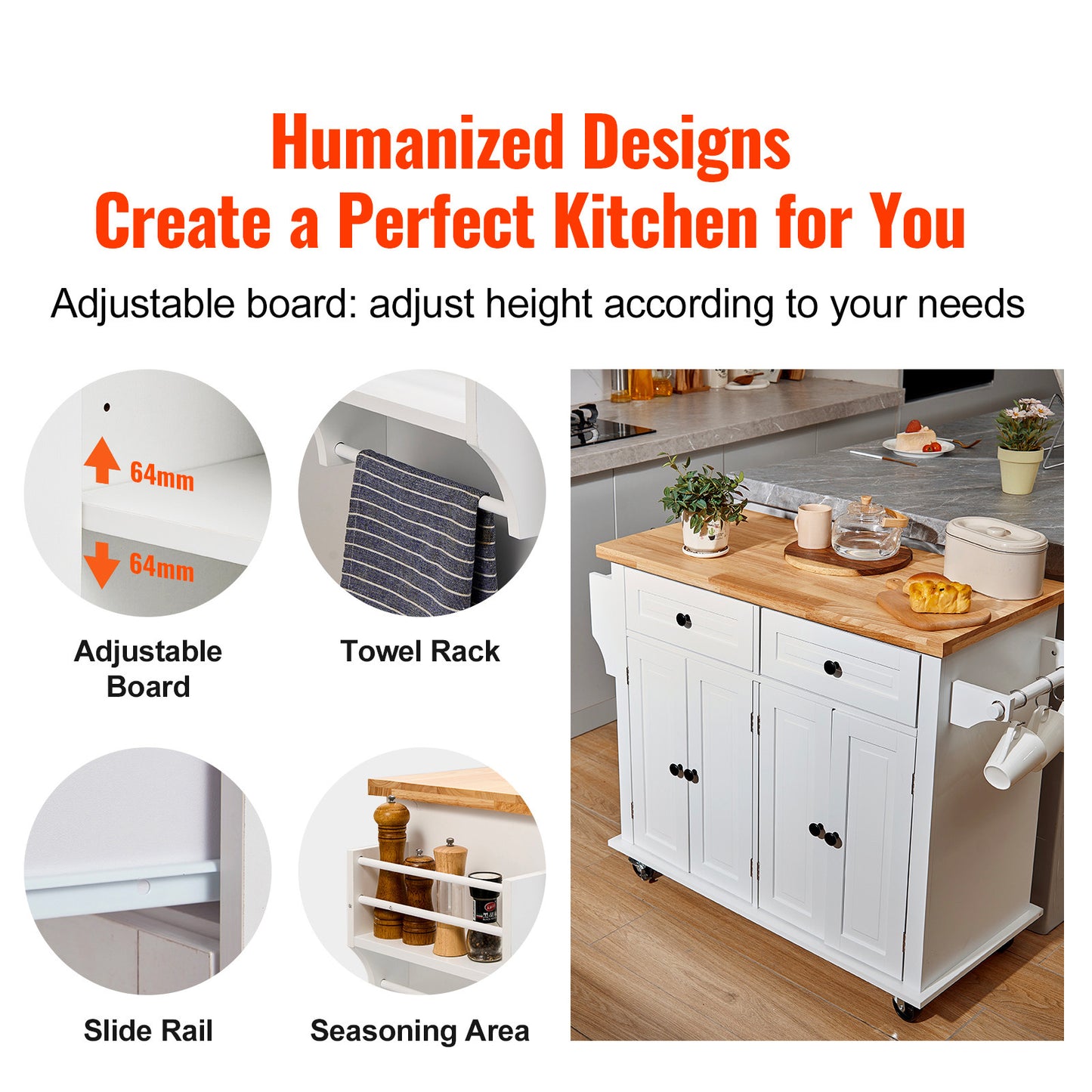 Kitchen Island Cart Trolley Cart Rolling Storage Cabinet w/ 2 Drawers & Rack