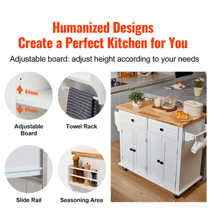 Kitchen Island Cart Trolley Cart Rolling Storage Cabinet w/ 2 Drawers & Rack