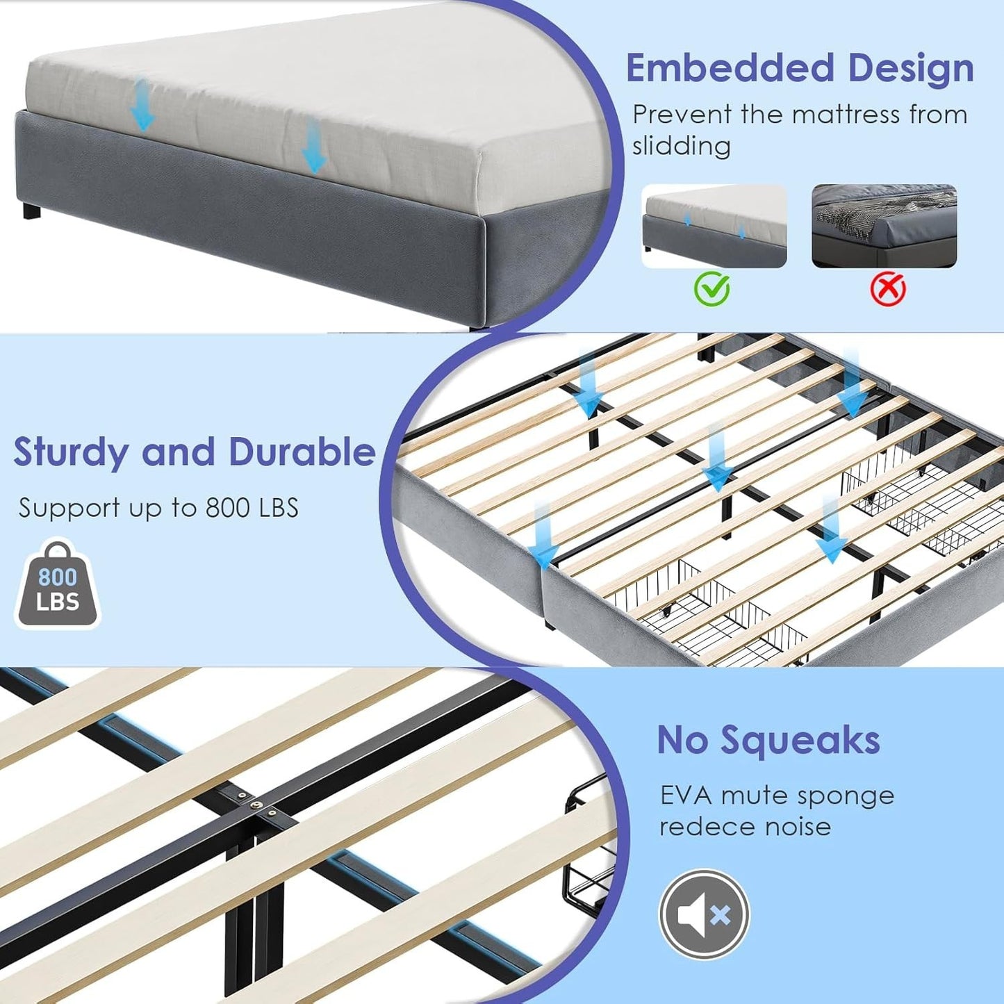 Queen Size Bed Frame with LED Lights Velvet Upholstered Platform with Storage f