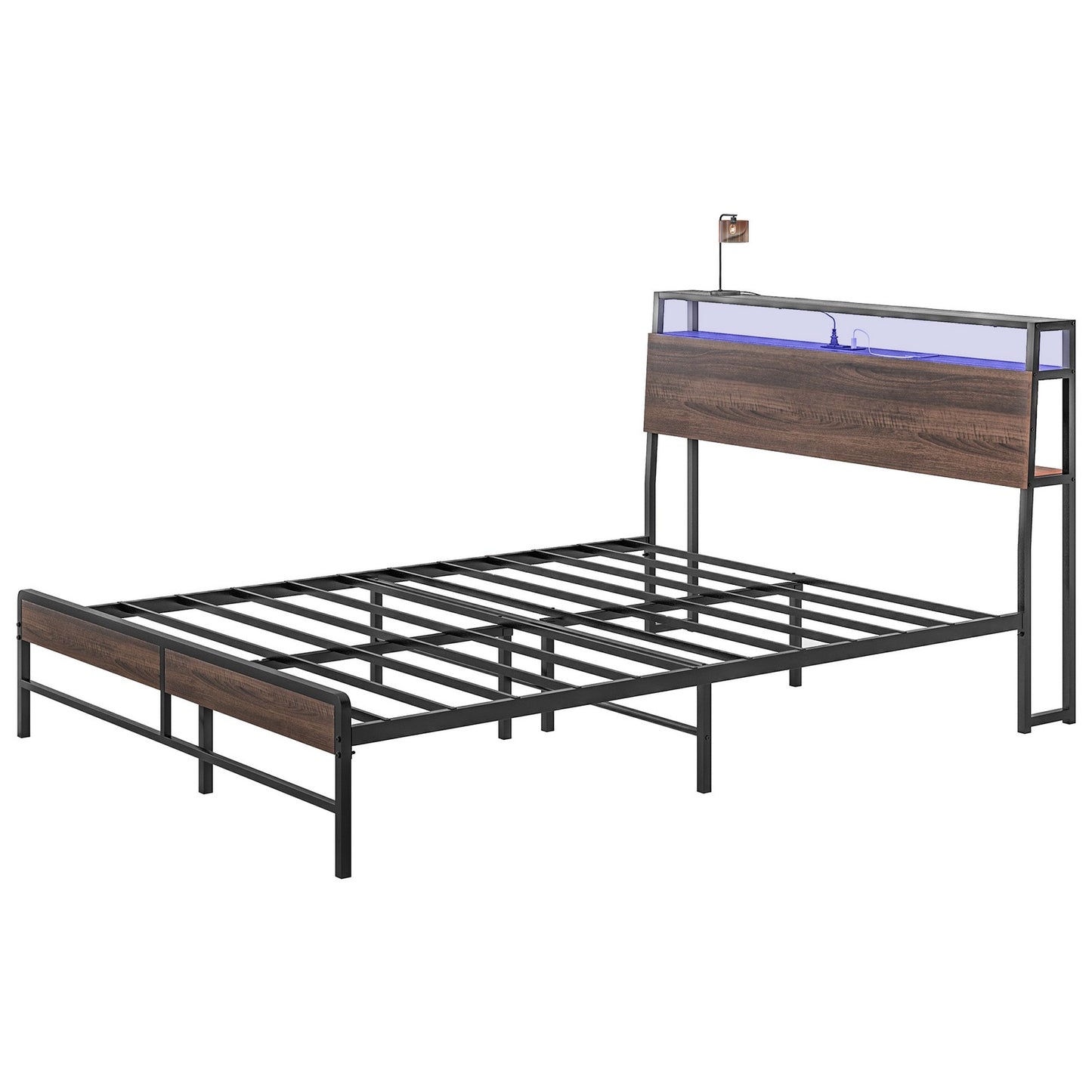 Queen Bed Frame with Headboard, LED Lights, Charging Station, Walnut
