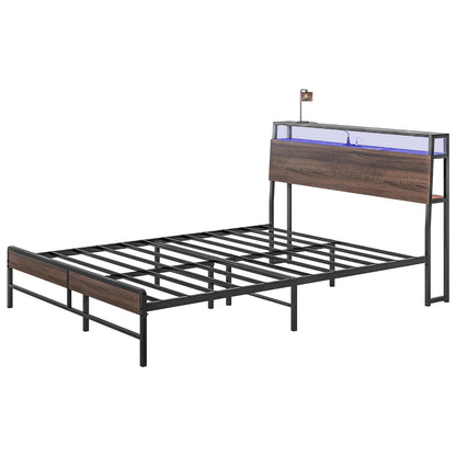 Queen Bed Frame with Headboard, LED Lights, Charging Station, Walnut