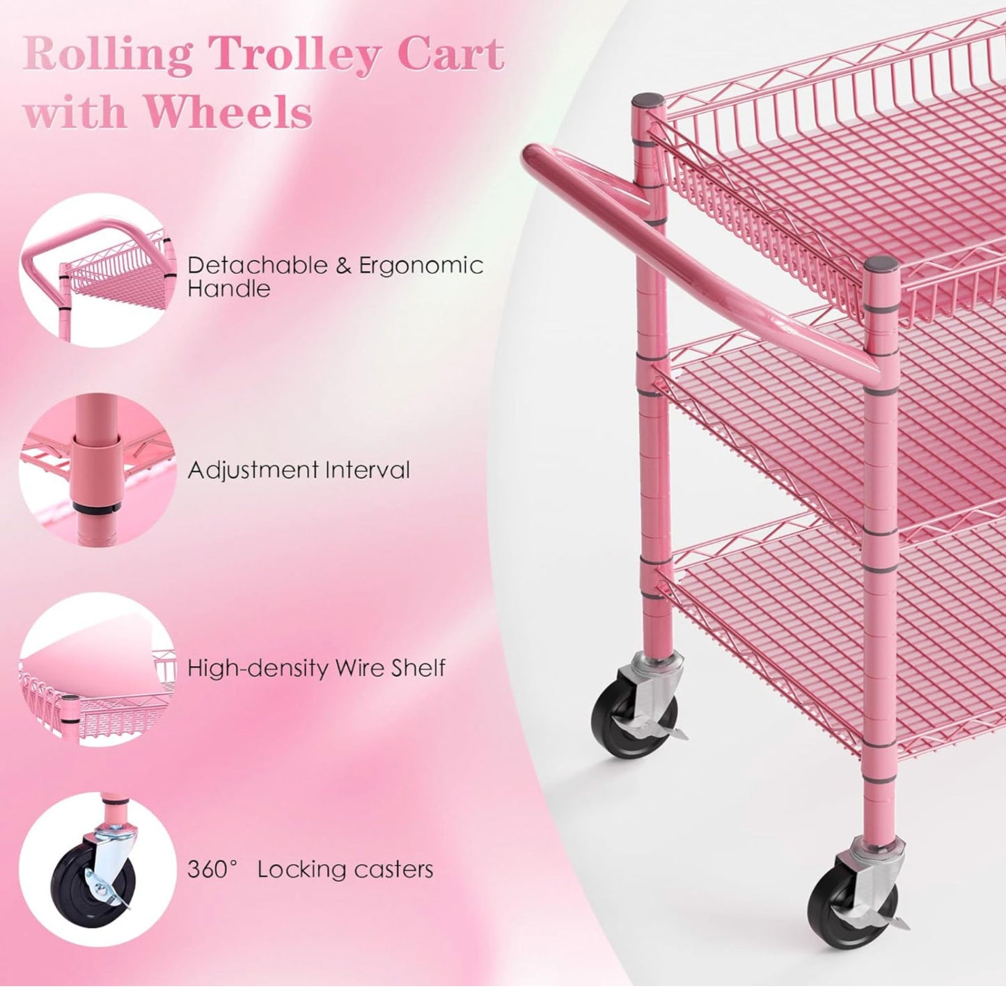 Heavy Duty Utility Cart with Handle 990lbs Capacity Metal 3 Tier Rolling Carts