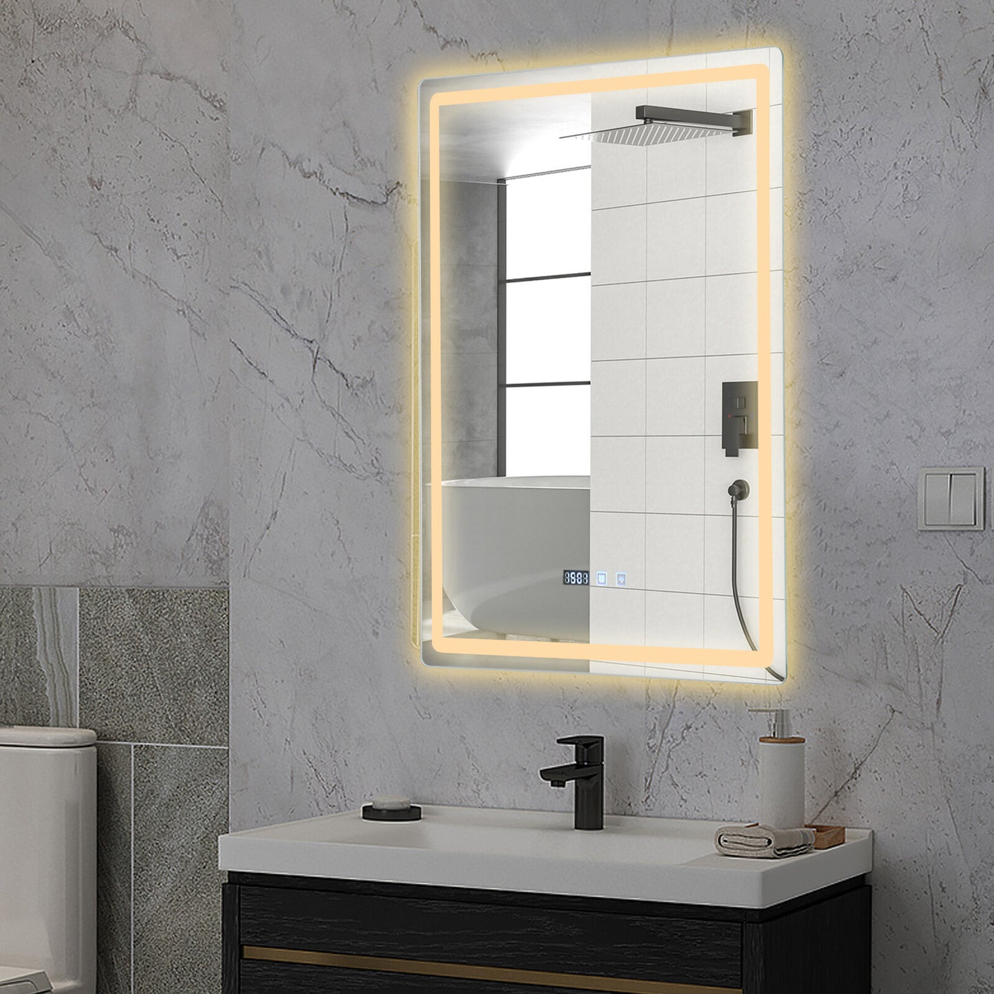 Dimmable LED Bathroom Mirror with Anti-Fog Function and Time Display 60×80 cm