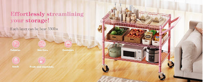 Heavy Duty Utility Cart with Handle 990lbs Capacity Metal 3 Tier Rolling Carts