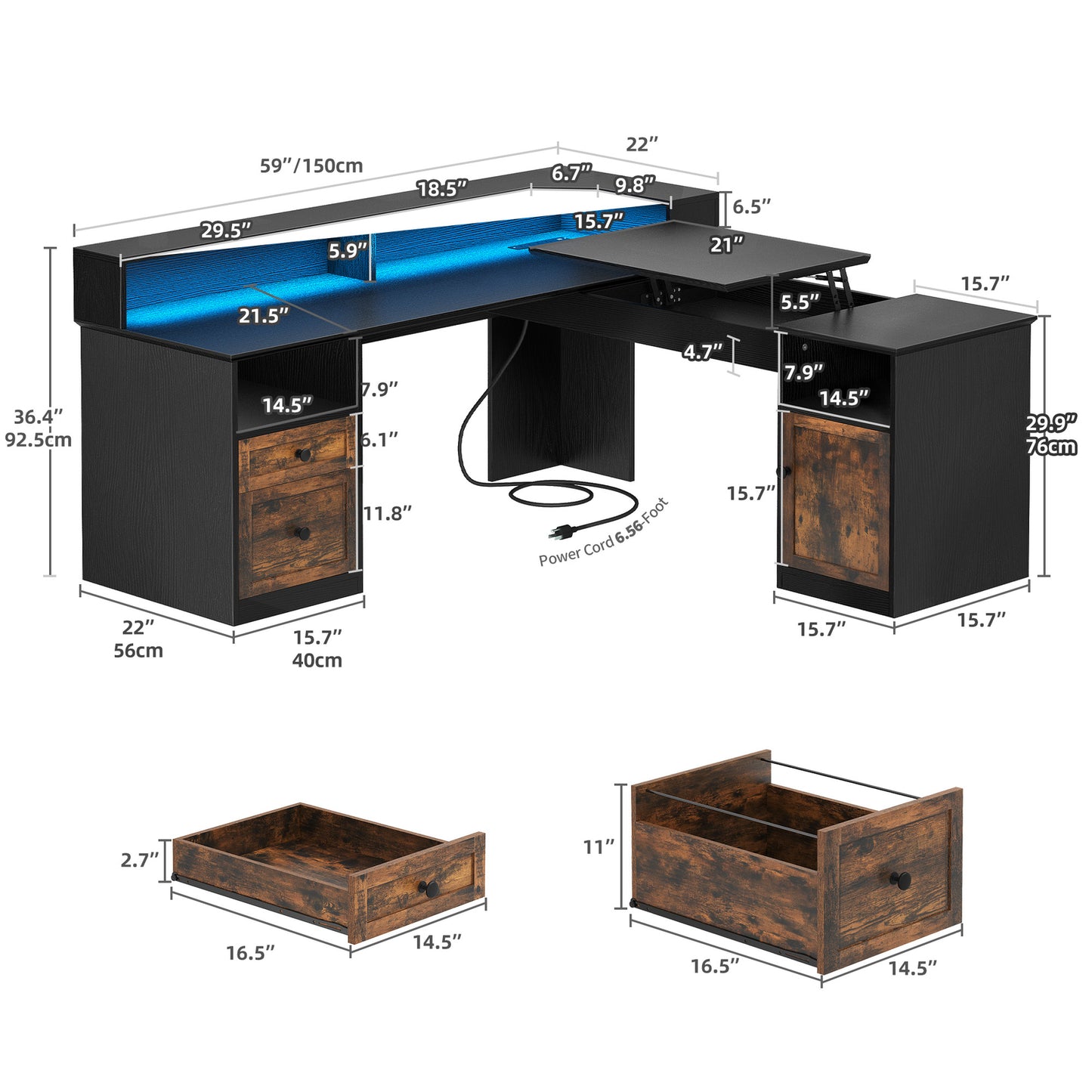 60" Lift Top L Shaped Desk with Power Outlets & LED Lights Corner Computer Desk