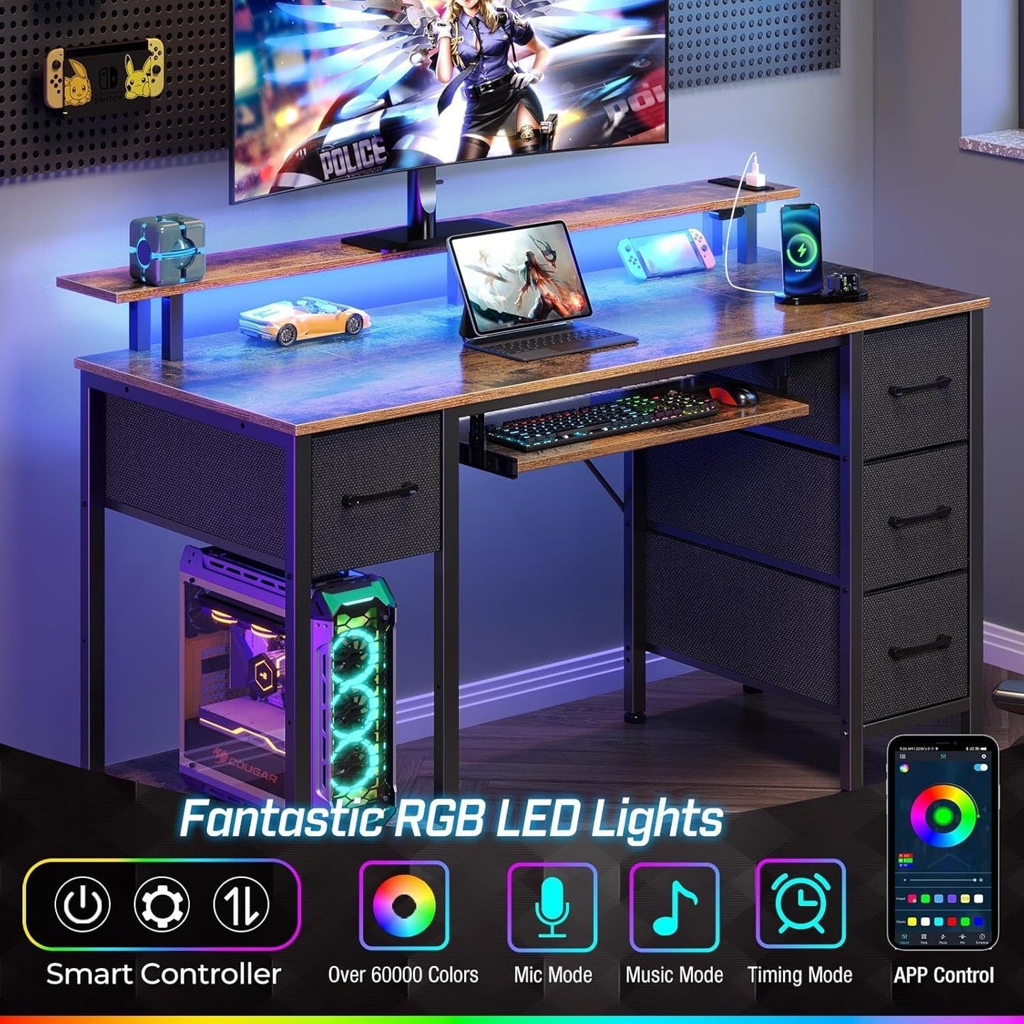 Computer Desk 47.2" with LED Lights & Power Outlets, Home Office Desk with 4 ...