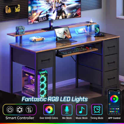 Computer Desk 47.2" with LED Lights & Power Outlets, Home Office Desk with 4 ...