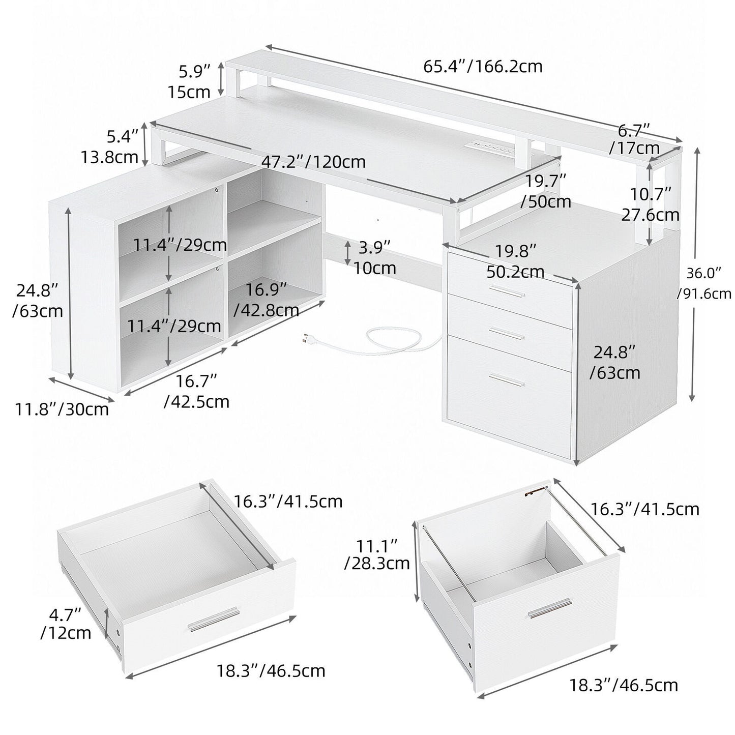 65 in L Shaped Computer Desk with File Drawer Desk w/ Power Outlets & LED Lights