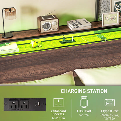 Full Bed Frame with Headboard, LED Lights, Charging Station, Walnut