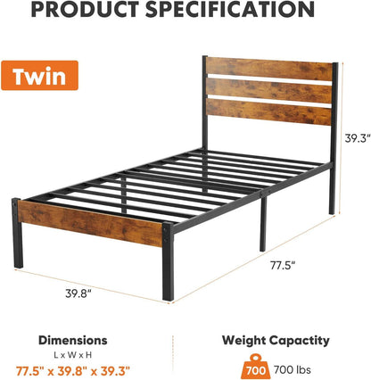 JHK Twin Size Sturdy Metal Platform Bed Frame with Wood Headboard and Footboard