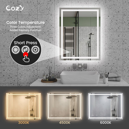 28x36'' LED Bathroom Mirror Wall Vanity Mirror Dimmable Anti-fog Tempered Glass