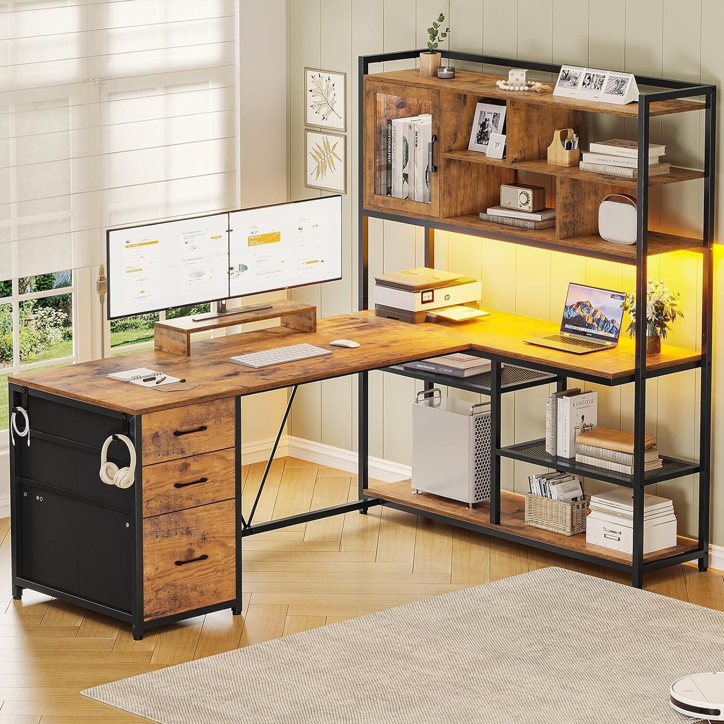 L Shaped Computer Desk with LED Light &Bookshelf 58'' Office Desk with 3 Drawers
