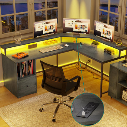 L Shaped Desk Corner Gaming Desk Computer Desk with Power Outlets & LED Lights