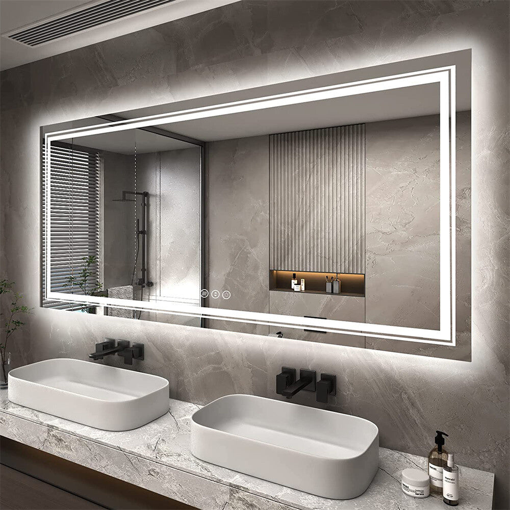 Shatter-Proof LED Bathroom Mirror with Lights Anti-Fog Stepless Dimmable Memory