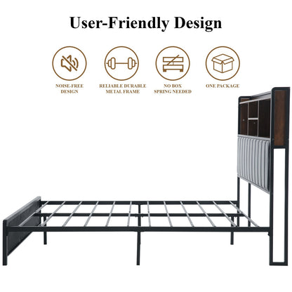 Full/Queen Size Bed Frame with Storage Headboard, LED Lights, Charging Station