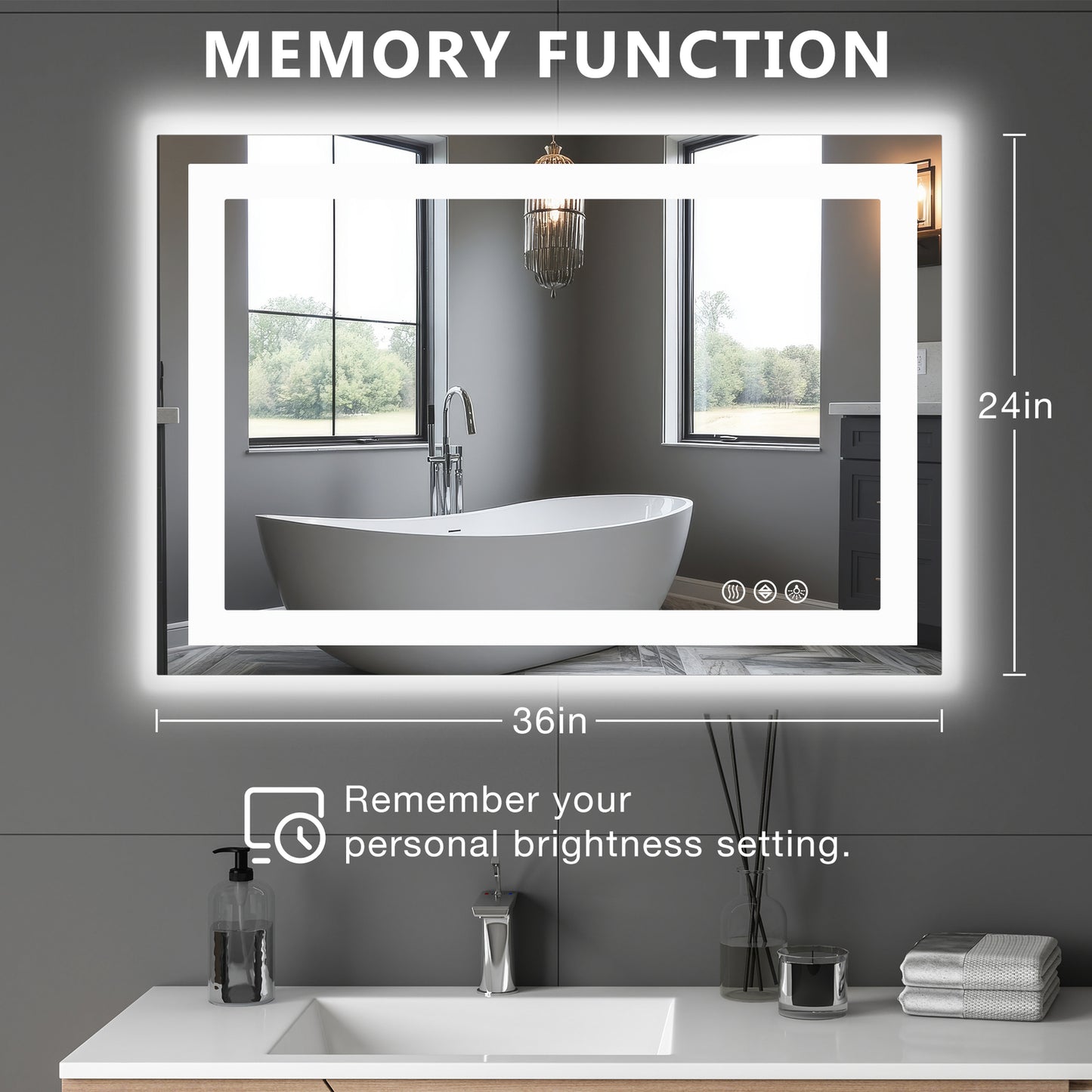 LED Dimmable Lighted Bathroom Mirror Anti-Fog Wall Mounted Rectangle Mirror