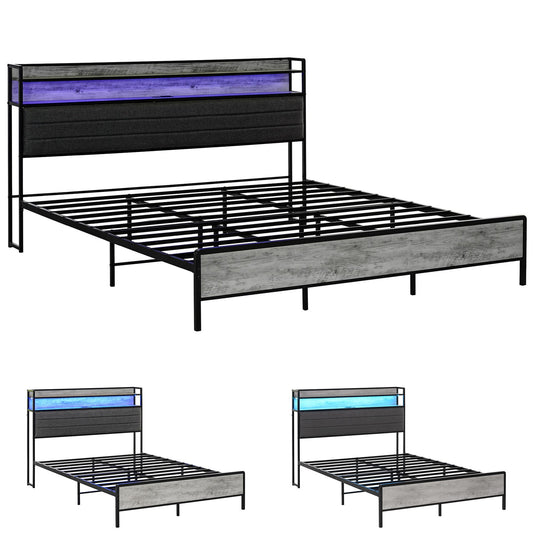 HOMCOM LED Bed Frame with Headboard Charging Station, Cement Gray