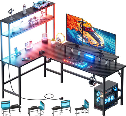 L Shaped Gaming Desk with LED Light & Power Outlet, Reversible Computer Table