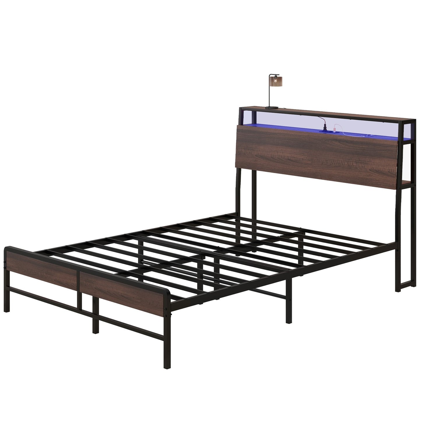 Full Bed Frame with Headboard, LED Lights, Charging Station, Walnut