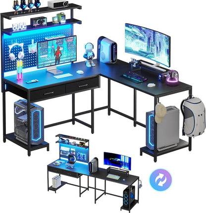 L Shaped Gaming Desk with LED Lights&Monitor Stand Computer Desk for Home Office