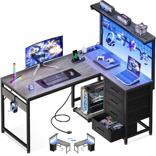 Office Table Reversible Computer Desk L Shaped Gaming Desk w/ Hook & LED Lights