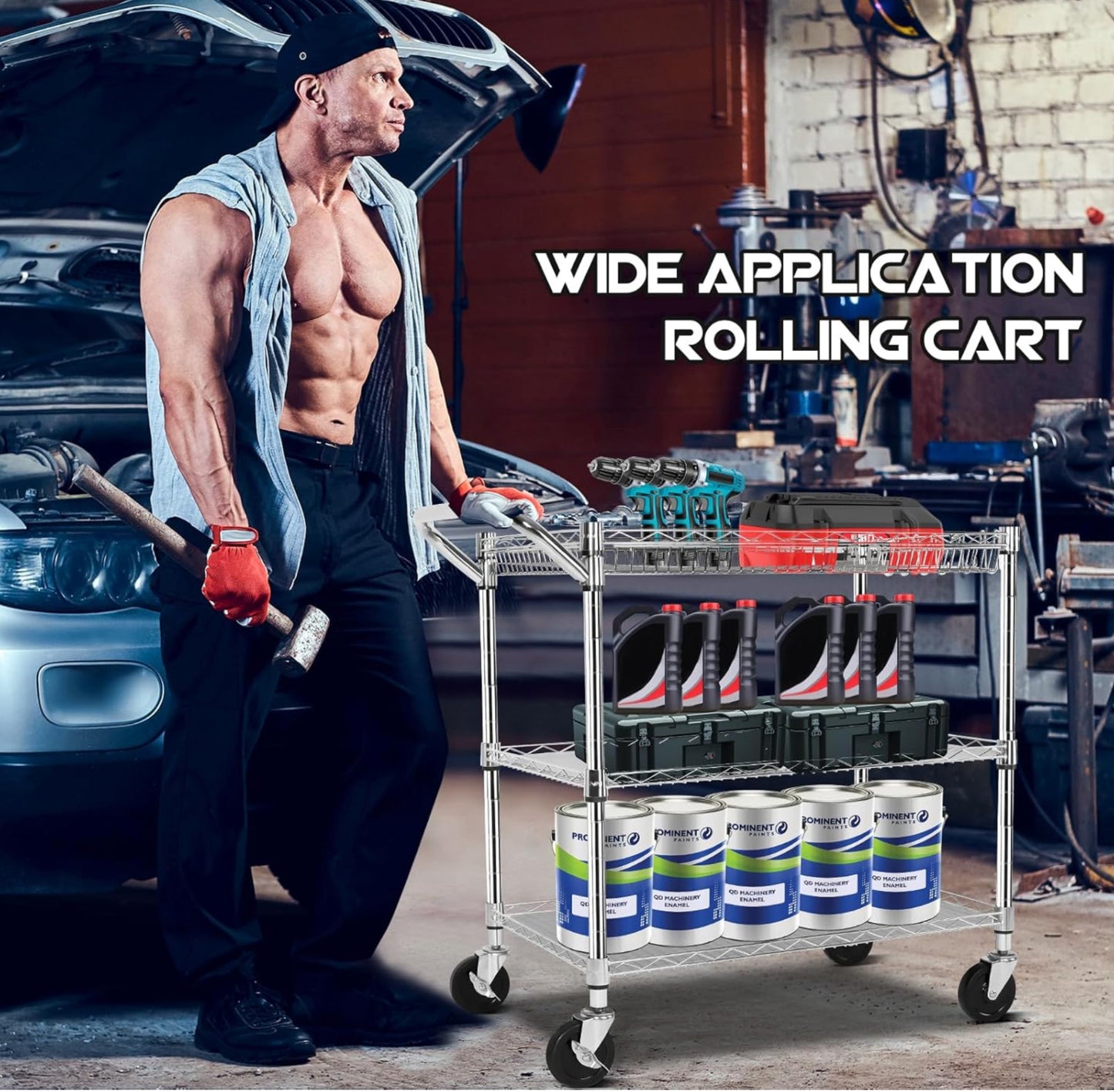 Heavy Duty Utility Cart with Handle 990lbs Capacity Metal 3 Tier Rolling Carts