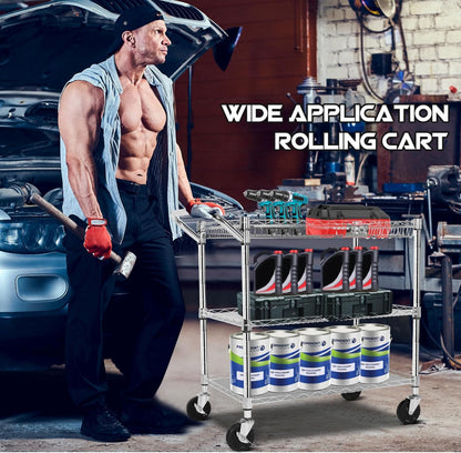 Heavy Duty Utility Cart with Handle 990lbs Capacity Metal 3 Tier Rolling Carts