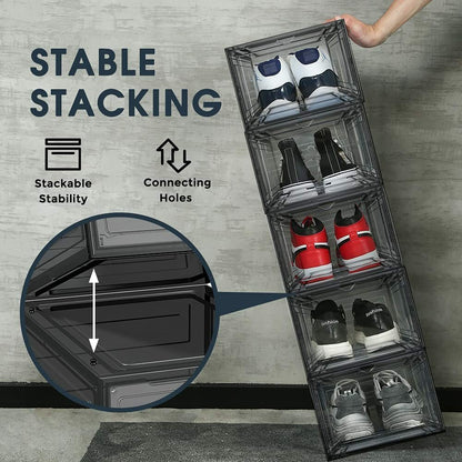 12 Clear Shoe Boxes Magnetic Drop Front Sneaker Rack Storage Organizer Stackable