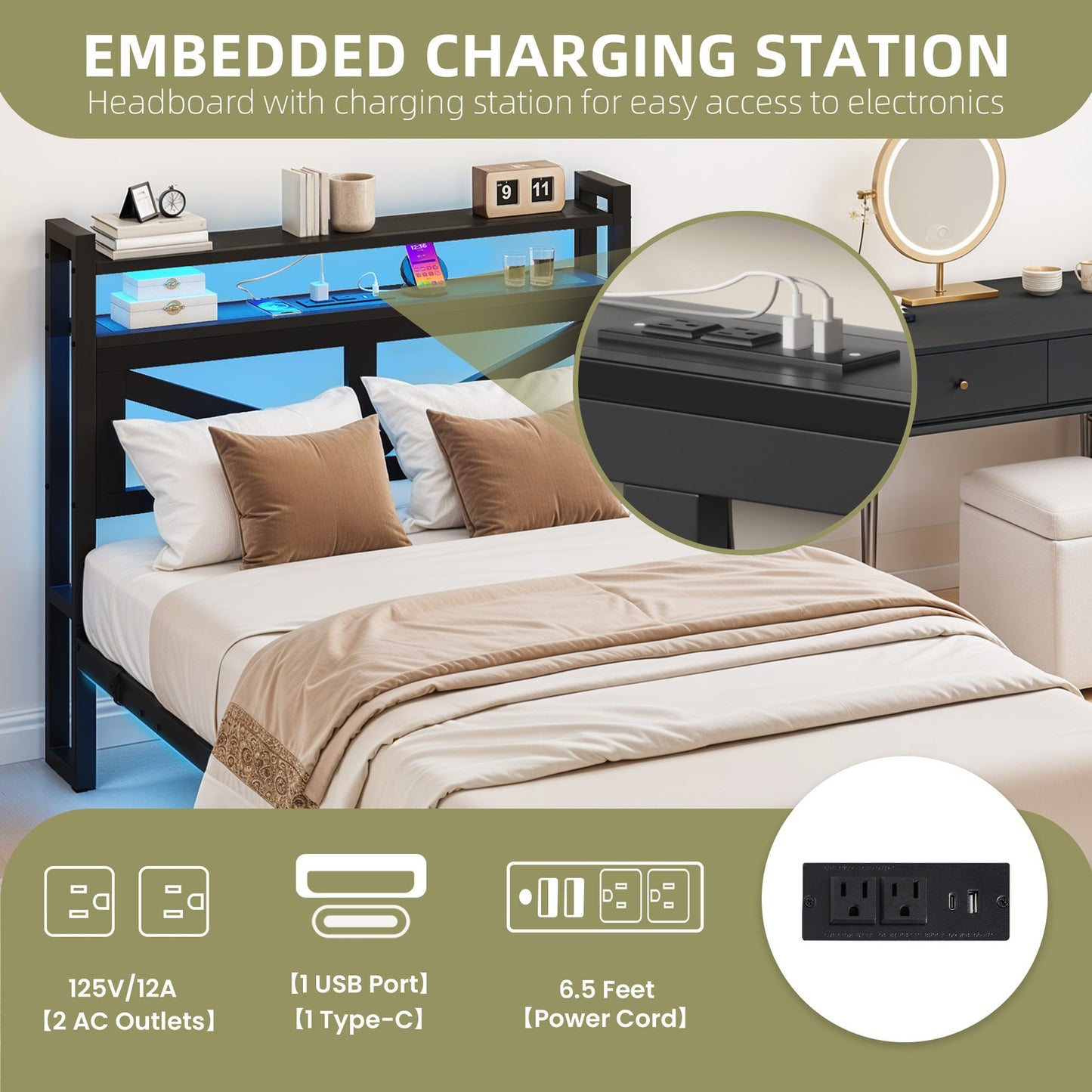 Twin Size Floating Bedroom Bed Frame with USB Charging Port & LED Lights Metal
