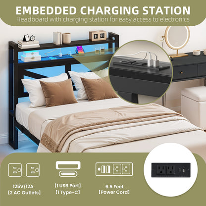 Twin Size Floating Bedroom Bed Frame with USB Charging Port & LED Lights Metal