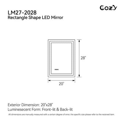 20x28'' LED Bathroom Mirror Wall Vanity Mirror Dimmable Anti-fog Tempered Glass