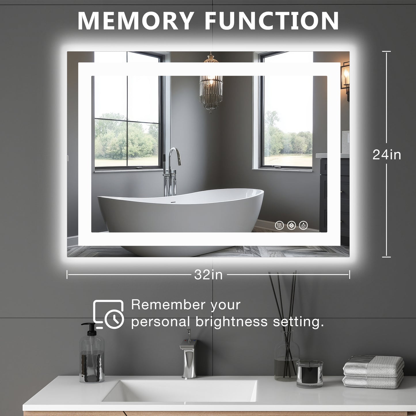 LED Dimmable Lighted Bathroom Mirror Anti-Fog Wall Mounted Rectangle Mirror