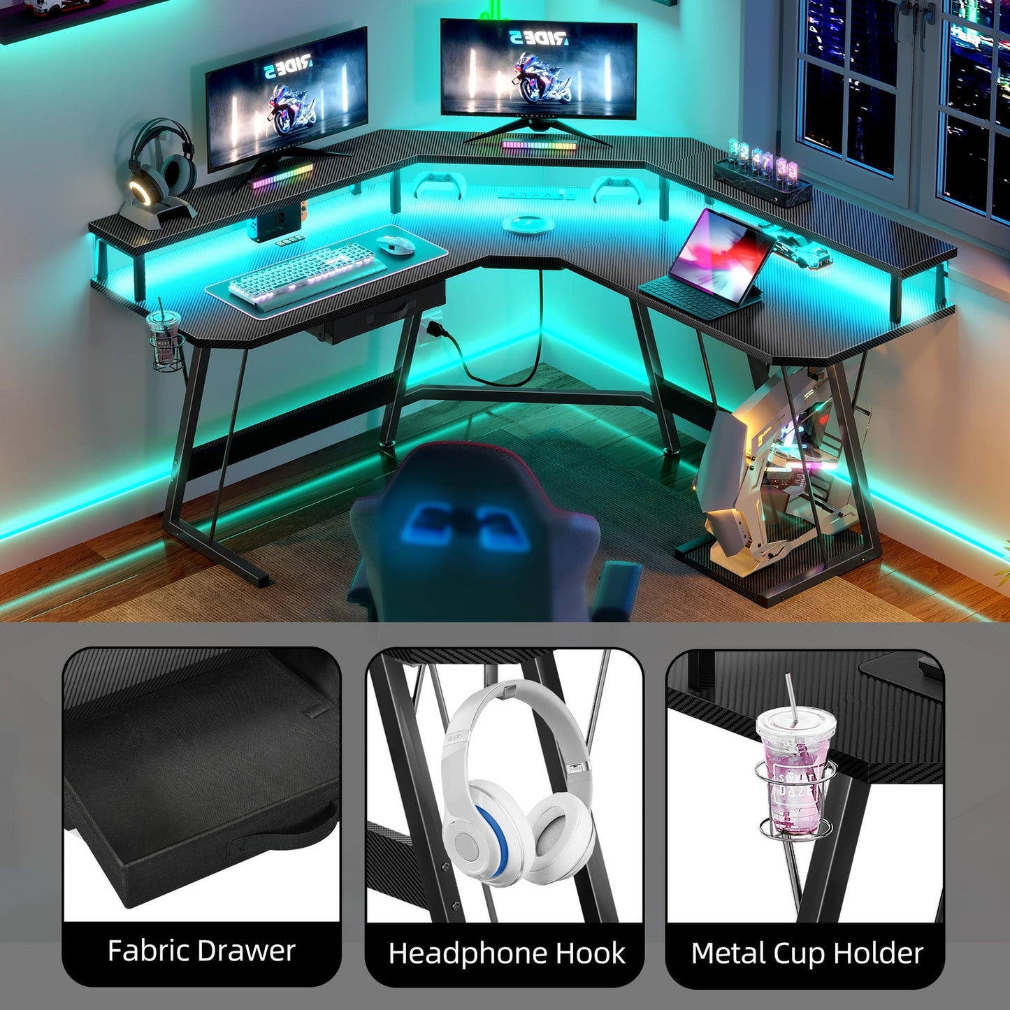 L-Shaped Gaming Desk Corner Table Computer Desk with RGB Light & Power Outlets