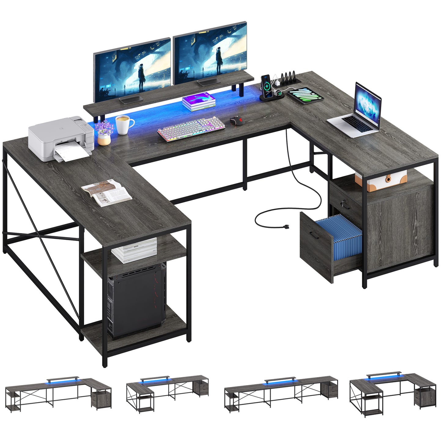 79 inch U Shaped Desk with Power Outlets & LED Lights Reversible Computer Desk