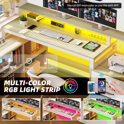 65 in L Shaped Computer Desk with File Drawer Desk w/ Power Outlets & LED Lights