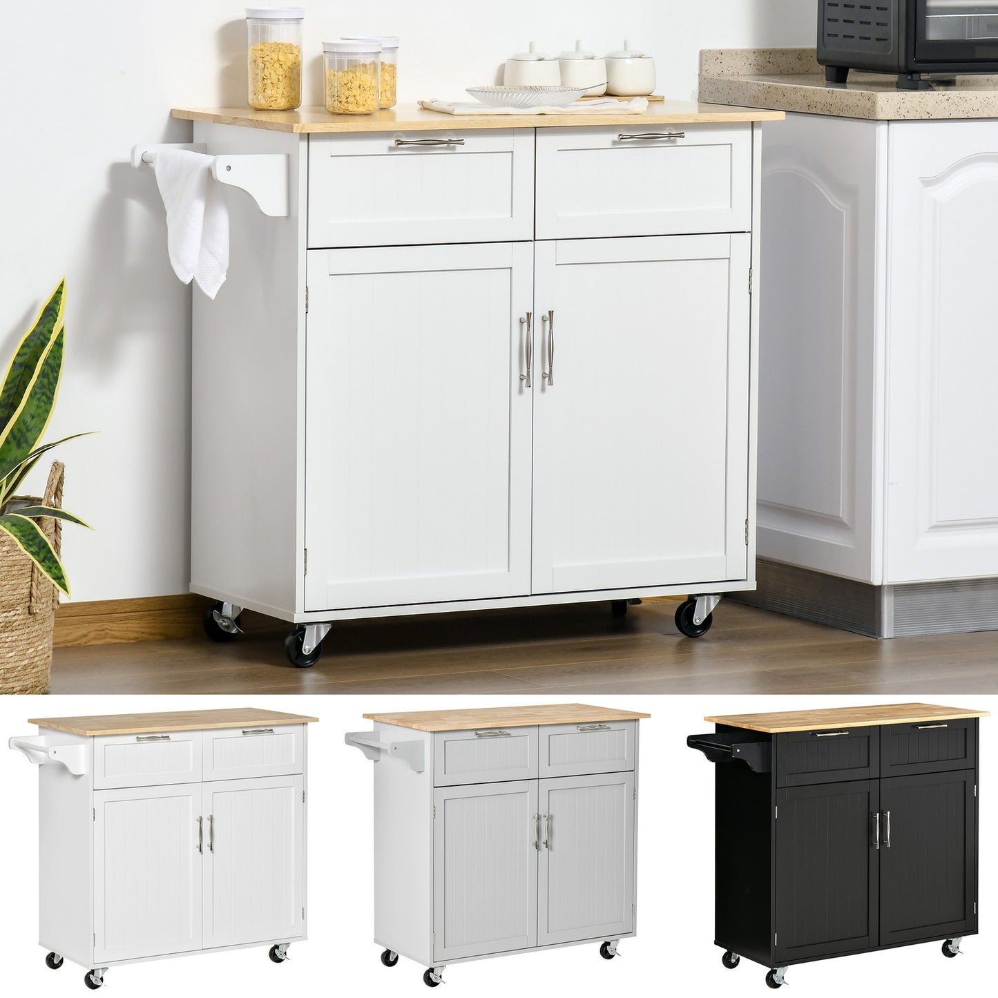 HOMCOM Modern Rolling Kitchen Island Storage Kitchen Cart 2 Drawers