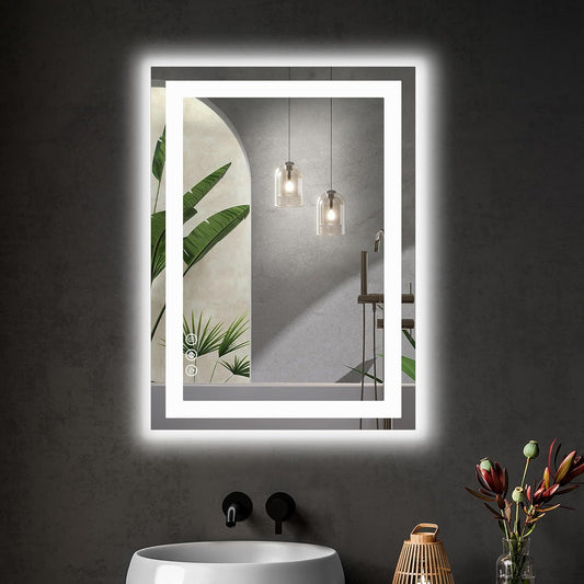 LED Dimmable Lighted Bathroom Mirror Anti-Fog Wall Mounted Rectangle Mirror