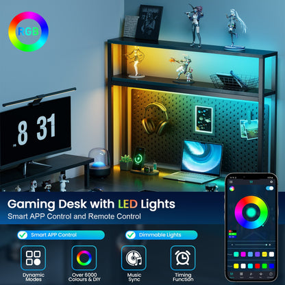 L Shaped Gaming Desk with LED & Power Outlets, Computer Desk with Monitor Stand