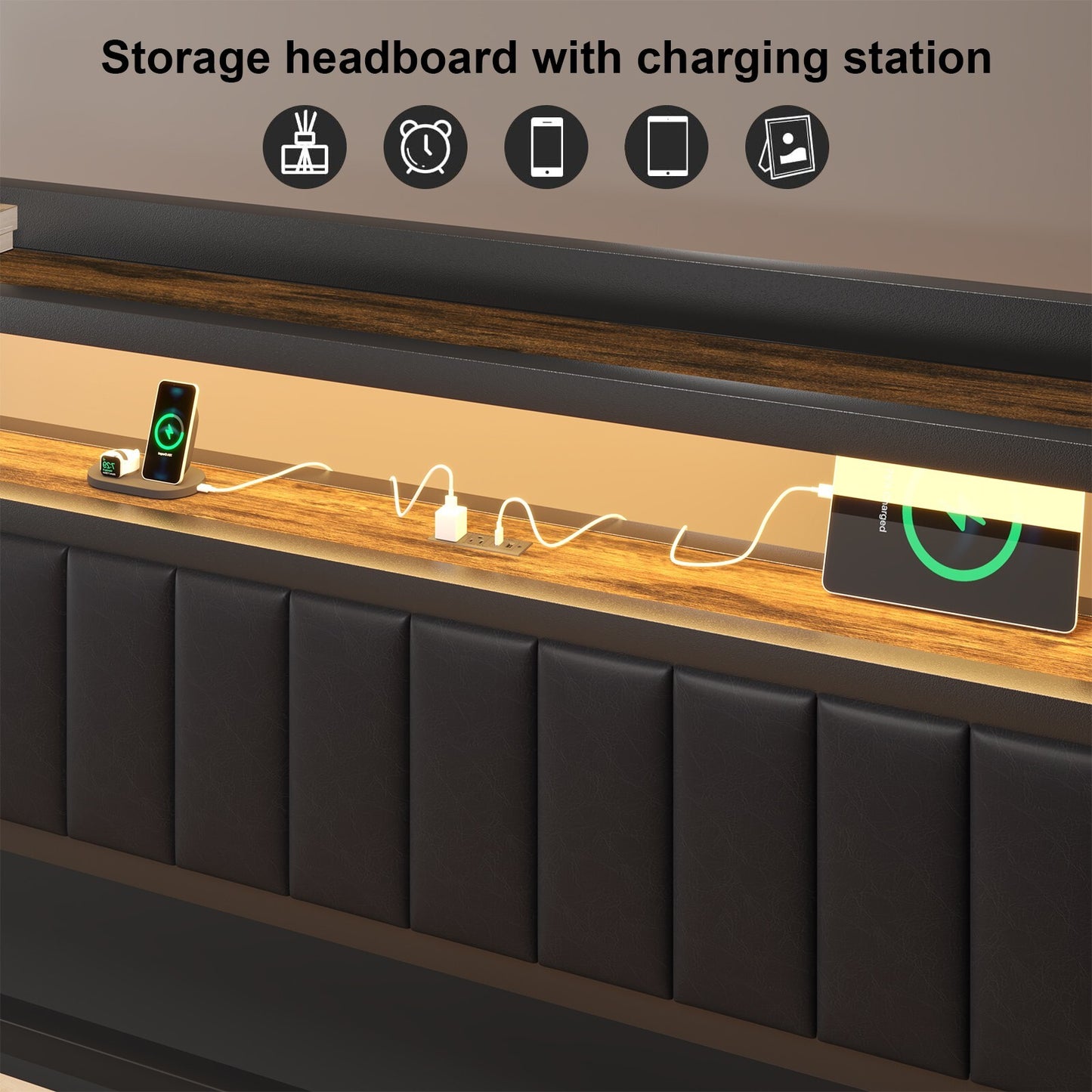 Full Queen Size Metal Platform Bed Frame with 2-Tier Storage Headboard＆Drawers